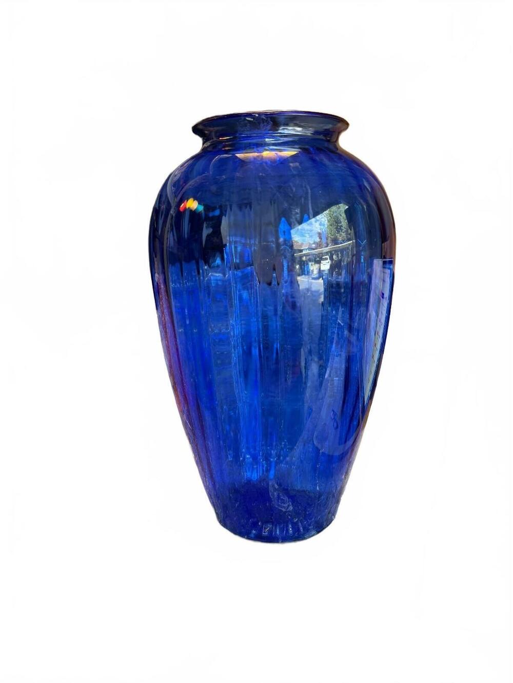 VASE Vintage Tall Cobalt Blue ribbed Glass Vase 12.5" tall 5" opening